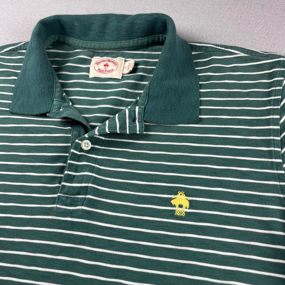 Brooks Brothers Red Fleece Mens Green White Striped Cotton Polo Shirt Large